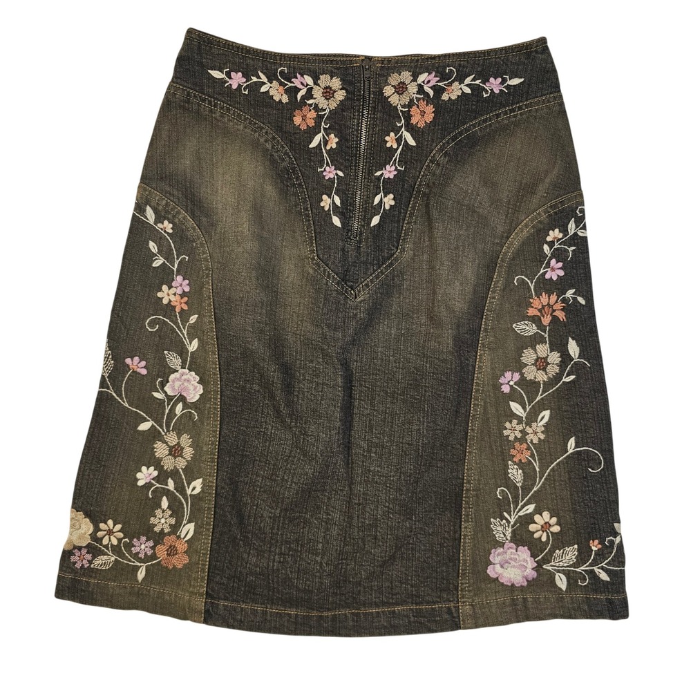 Apostrophe Womens Size 6 Dark Wash‎ Floral Embroidered Denim Mini Skirt Boho Y2K